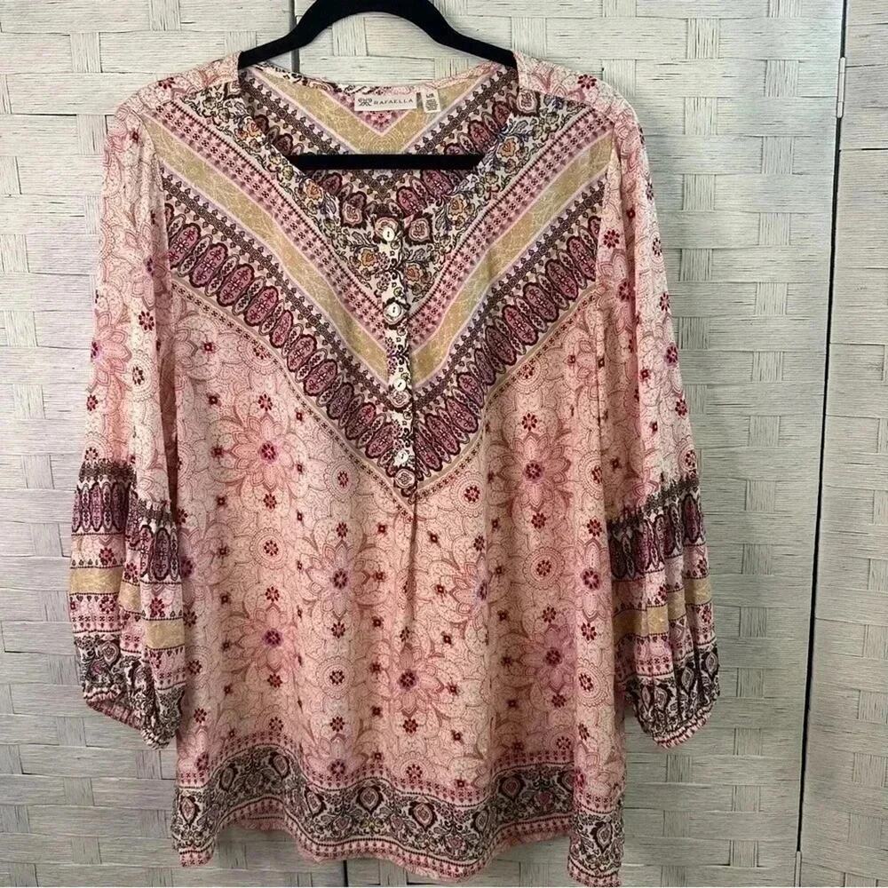 RAFAELLA‎ bohemian feminine peasant, blouse, balloons, sleeves, cream pink & tan